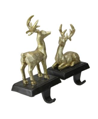 Set of 2 Gold Reindeer Glittered Christmas Stocking Holders 8.5"