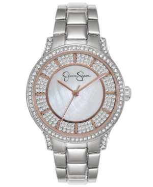 image of Jessica Simpson Women-s Crystal Encrusted Silver Tone Bracelet Watch 36mm