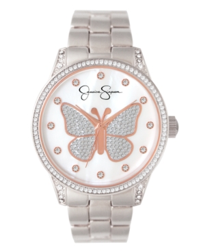 image of Jessica Simpson Women-s Pave Crystal Butterfly Silver Tone Bracelet Watch 36mm