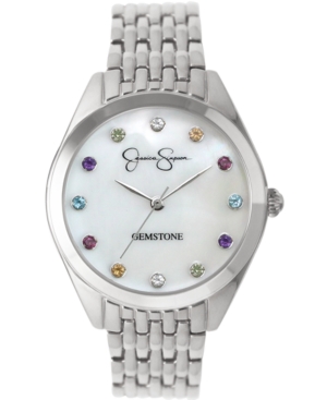 image of Jessica Simpson Women-s Genuine Gemstone Silver Tone Bracelet Watch 37mm