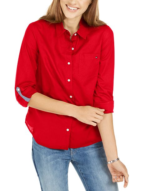 alfani Tommy Hilfiger Women's Cotton Roll-Tab Button-Up Shirt Women's Fashion Shoes & Accessories