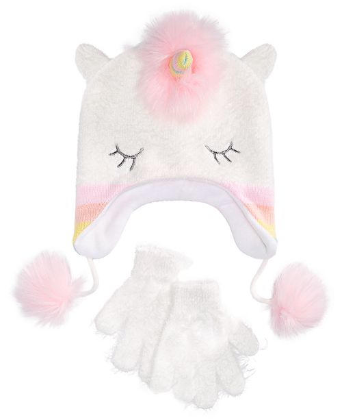 Abg Big Girls 2 Pc Unicorn Hat Gloves Set With Faux Fur Trim