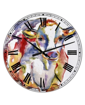 Designart Watercolor Hand Painted Cow Large Farmhouse Wall Clock In Red