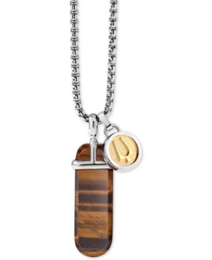 image of Bulova Men-s Tiger-s Eye (36 x 12mm) & Logo Disc Pendant Necklace in Silver- & Gold-Tone, 26