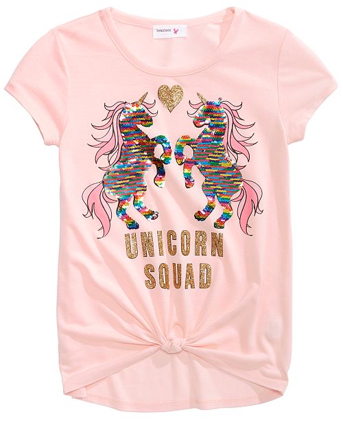 Beautees Big Girls Flip Sequin Double Unicorn Tie Front T Shirt