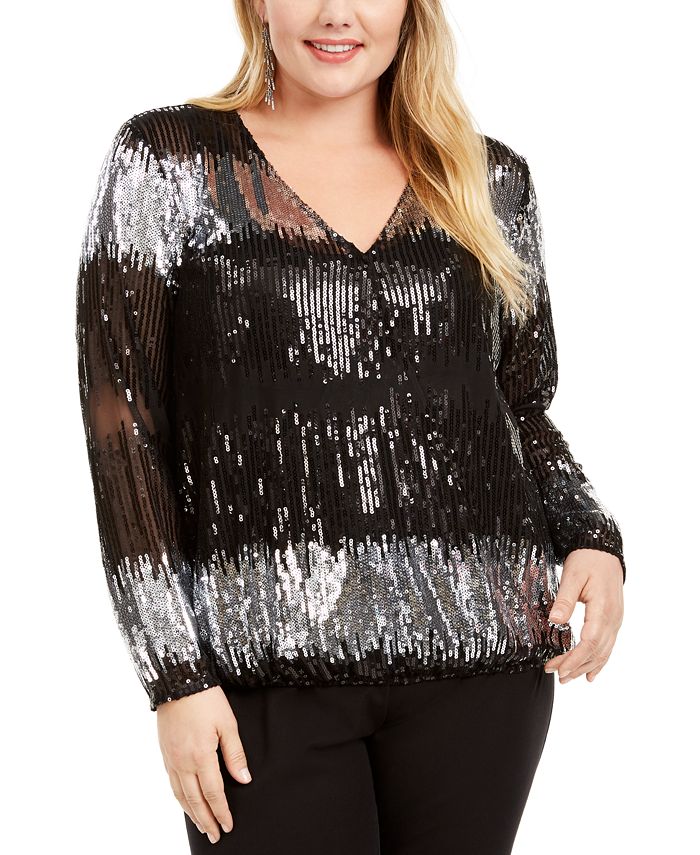 INC International Concepts Plus Size Sequin Striped Surplice Top, Created for Macy's & Reviews Tops - Plus Sizes -
