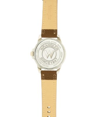 Wrangler Men's Watch, 46MM Silver Colored Case with Embossed Arabic Numerals on Bezel, Ivory Sunray Dial, Silver Index Markers, Analog, Brown Strap