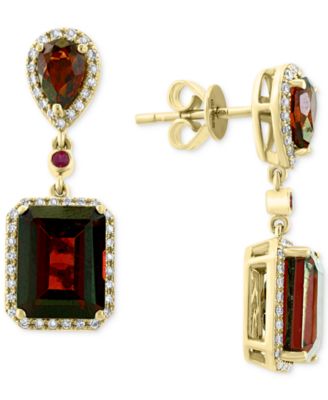 EFFY Collection - Rhodolite Garnet (8-5/8 ct. t.w.), Ruby (5/8 ct. t.w.) & Diamond (1/4 ct. t.w.) Drop Earrings in 14k Gold
