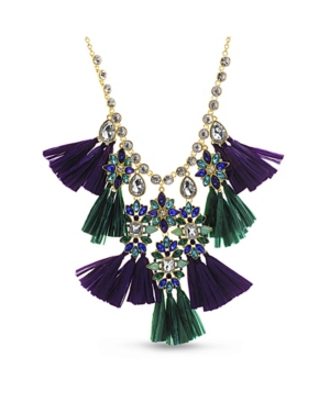 image of Catherine Malandrino Rhinestone and Raffia Tassel Drop Necklace in Yellow Gold-Tone Alloy