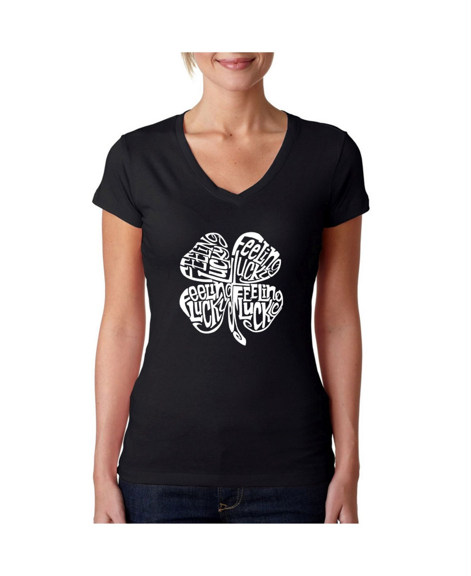 Women's Word Art V-Neck T-Shirt - Feeling Lucky