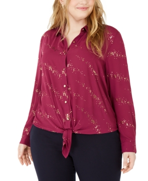 Ny Collection Plus Size Printed Button-front Tie-hem Top In Berry Glowdot