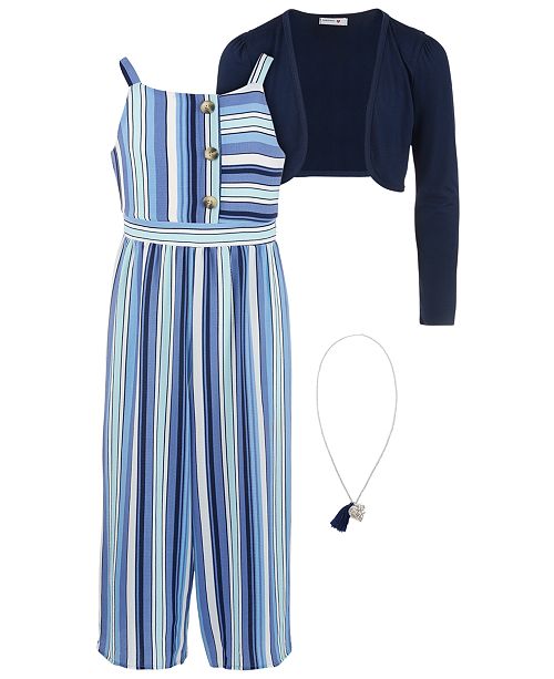Beautees Big Girls 3 Pc Shrug Striped Jumpsuit Necklace Set