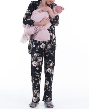 Blooming Women by Angel 5 Piece Kimono Wrap Floral Top Matching Pants, Pink Nursing Top, Baby Wrap and Baby Bow Set