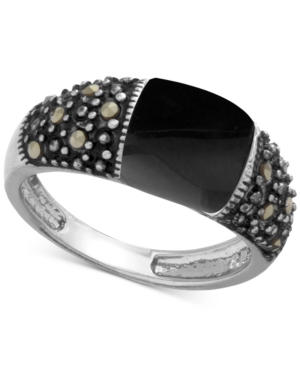image of Genuine Swarovski Marcasite and Onyx (9-1/3 x 10mm) Ring in Fine-Silver-Plate (Also in Pink Shell)