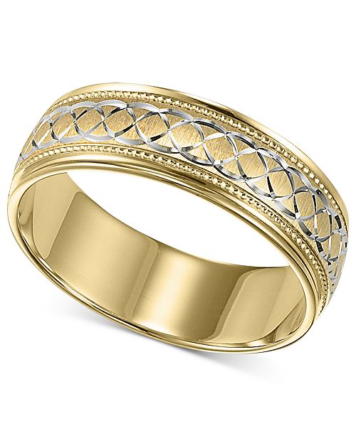 Macy&#39;s Men&#39;s 10k Gold and 10k White Gold Ring, Engraved Wedding Band & Reviews - Rings - Jewelry ...