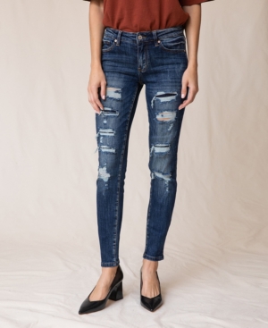 image of Kancan Mid Rise Super Skinny Distress Patch Jeans