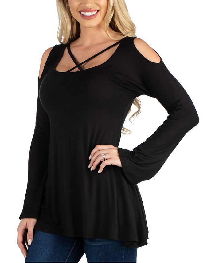 24seven Comfort Apparel Women Long Sleeve Strappy Neck Flared Tunic Top ...