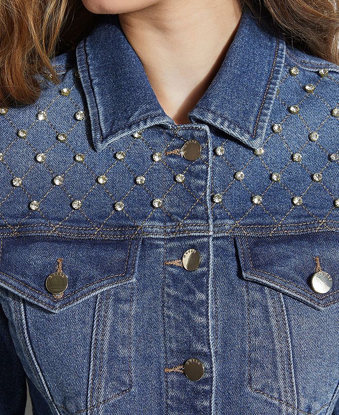GUESS Embellished Cropped Denim Jacket - Macy's