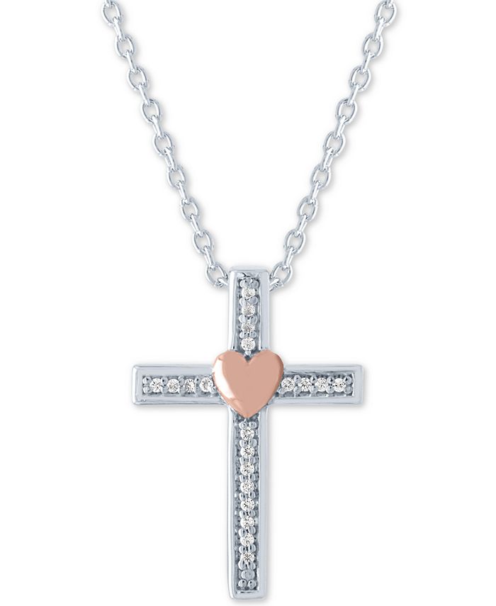 Diamond Accent Heart Cross 18 Pendant Necklace in Sterling Silver & 14k  Rose Gold-Plate