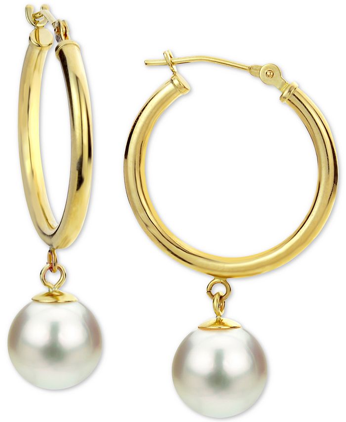 Macy's - Cultured Freshwater Pearl (8mm) Dangle Hoop Earrings in 14k Gold