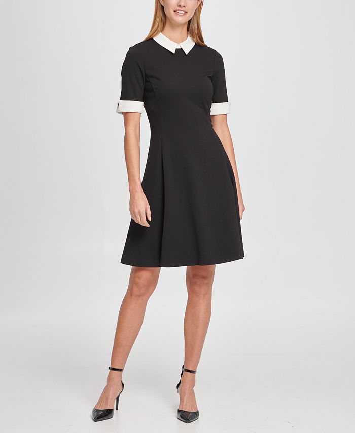 DKNY Short Sleeve Contrast Collar and Cuff Fit Flare Dress - Macy's