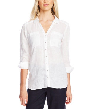 VINCE CAMUTO BUTTON-FRONT ROLL-TAB-SLEEVE LINEN TOP