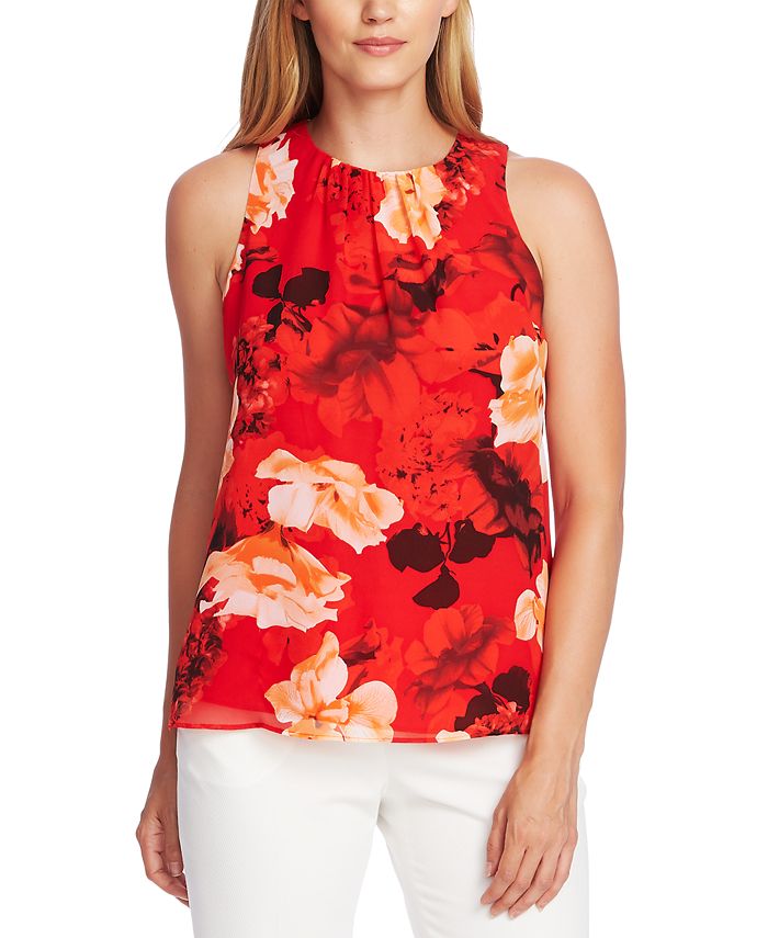 Vince Camuto Floral-Print Ruched-Neck Top - Macy's