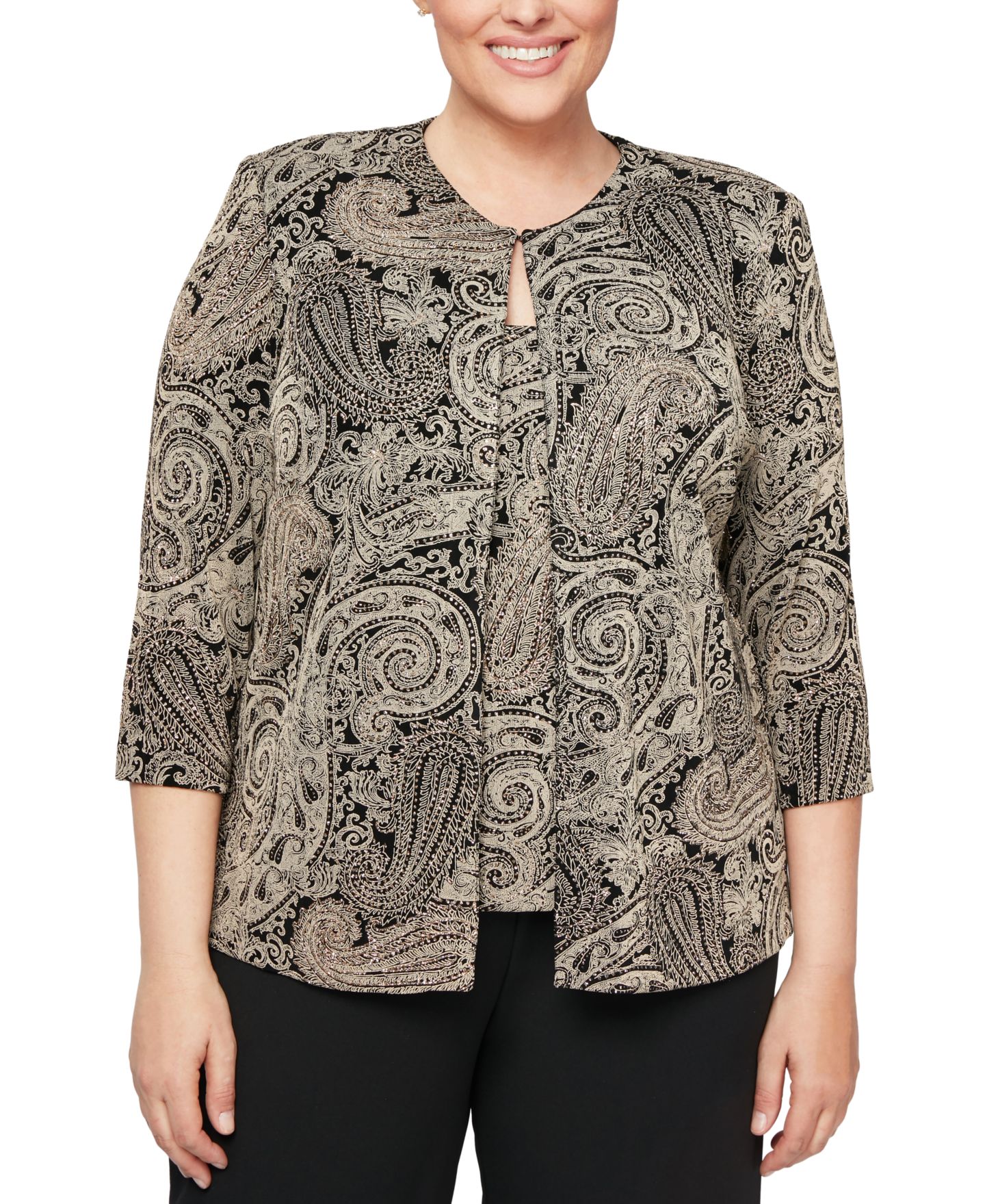 Женские комплекты Alex Evenings Plus Size Glitter-Print Jacket & Top Set, цвет: Чёрный / Серо-бежевый — фото 1