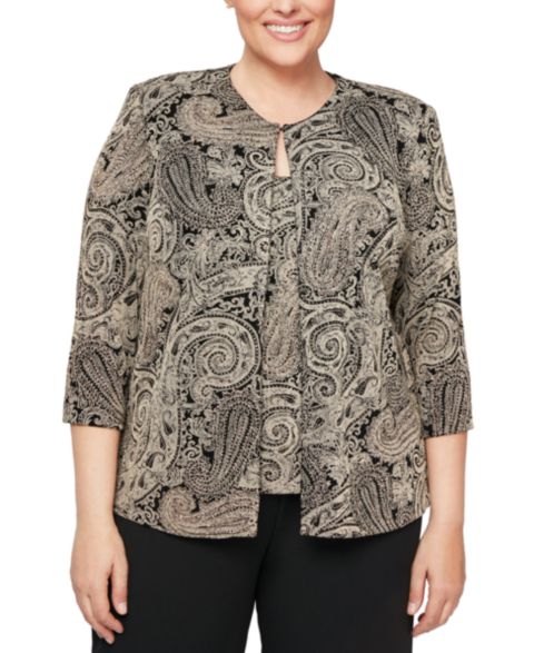 Женские комплекты Alex Evenings Plus Size Glitter-Print Jacket & Top Set, цвет: Чёрный / Серо-бежевый