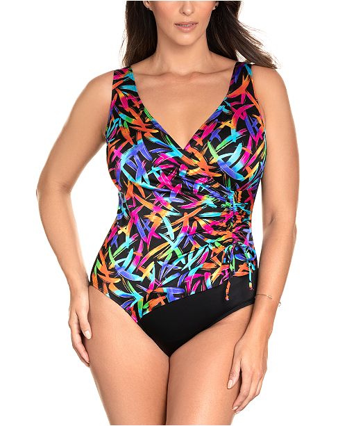 Swim Solutions Longitude Sparkler Printed Ruched Long Torso Tummy