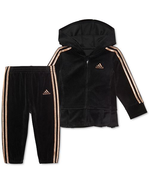 Adidas Baby Girls 2 Pc Velour Pleated Hoodie Jogger Pants Set
