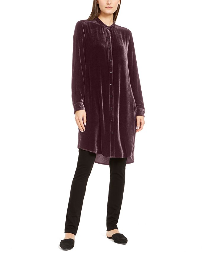Eileen Fisher Women's Mandarin Satin Button-Down Tunic Top Red Size Large