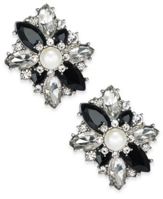 Charter Club - Silver-Tone Crystal, Stone & Imitation Pearl Cluster Stud Earrings