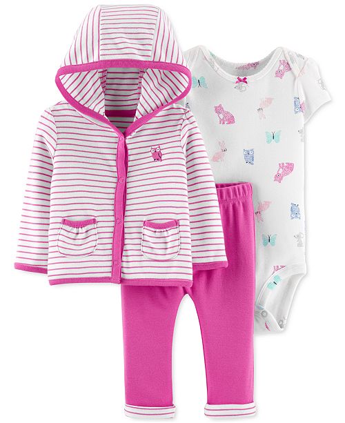 Carter S Baby Girls 3 Pc Cotton Striped Hoodie Printed Bodysuit