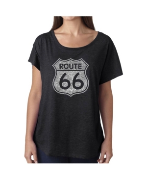 image of La Pop Art Women-s Dolman Cut Word Art Shirt - Cities Along The Legendary Route 66
