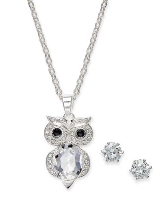 Charter Club - Fine Silver Plate 2-Pc. Set Crystal Owl Pendant Necklace & Solitaire Stud Earrings