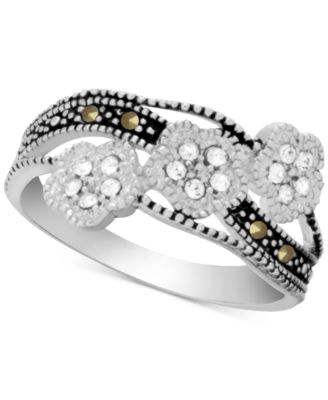 Macy's - Genuine Swarovski Marcasite & Crystal Flower Ring in Fine Silver-Plate