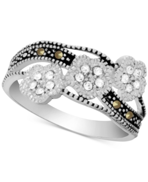 image of Genuine Swarovski Marcasite & Crystal Flower Ring in Fine Silver-Plate