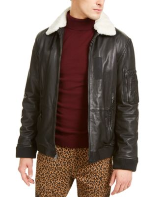 INC International Concepts - Men's Leather Aviator Jacket with Faux Fur Collar