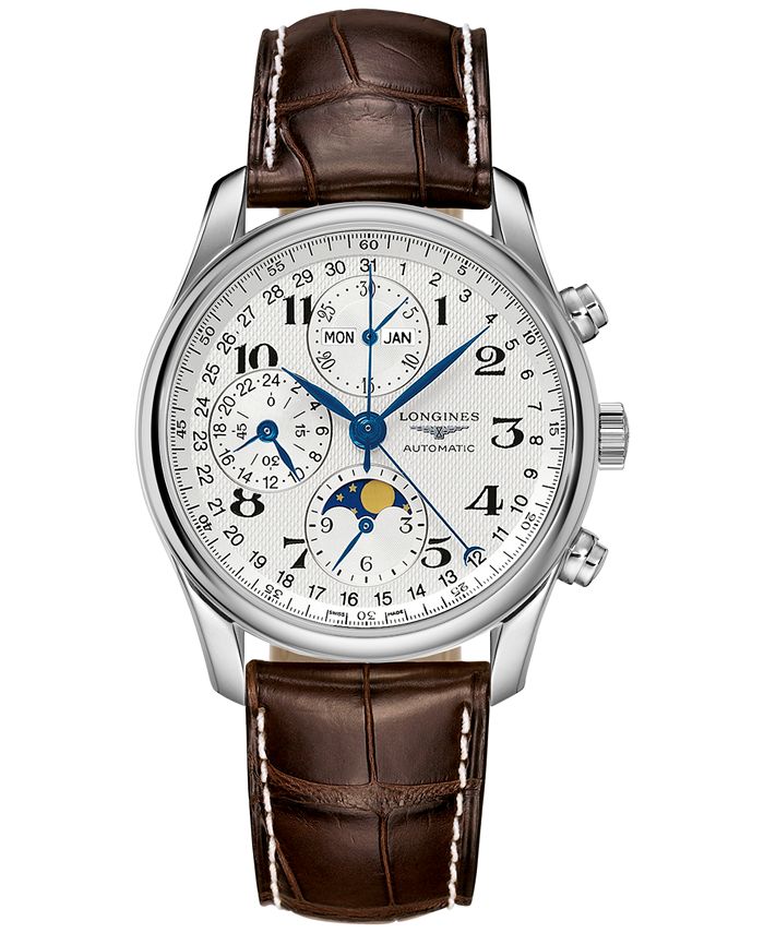 Longines Men's Swiss Automatic Chronograph Master Brown Leather Strap Watch  40mm - Macy's