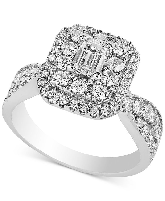 Macy's - Diamond Halo Emerald-Cut Engagement Ring (1-3/4 ct. t.w.) in 14k White Gold