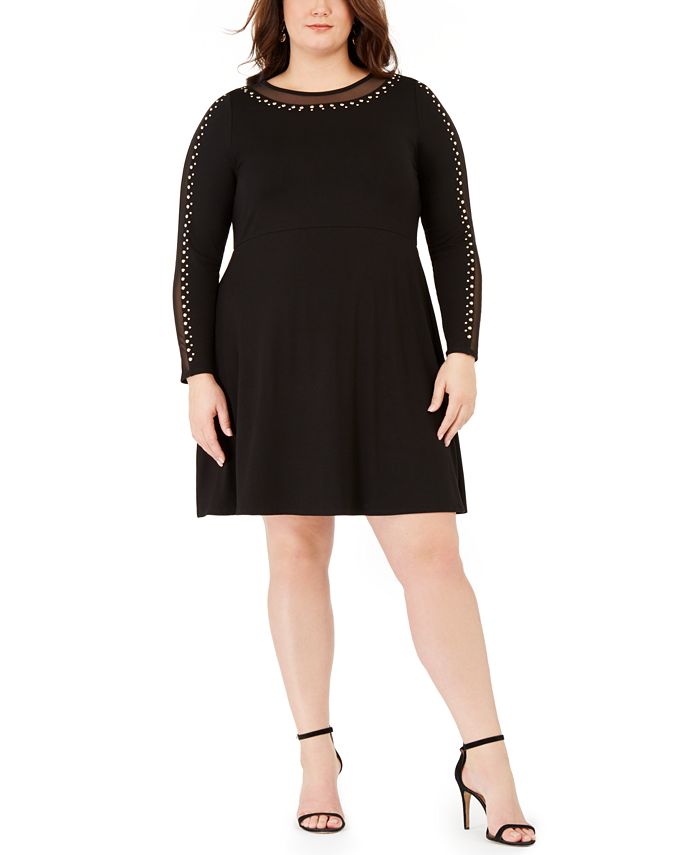 Belldini Plus Size Studded Mesh-Trimmed Fit & Flare Dress - Macy's