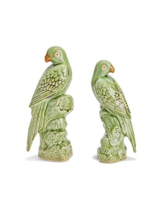 Two's Company - Set of 2 Tropical Green Parrot Sculptures - Porcelain