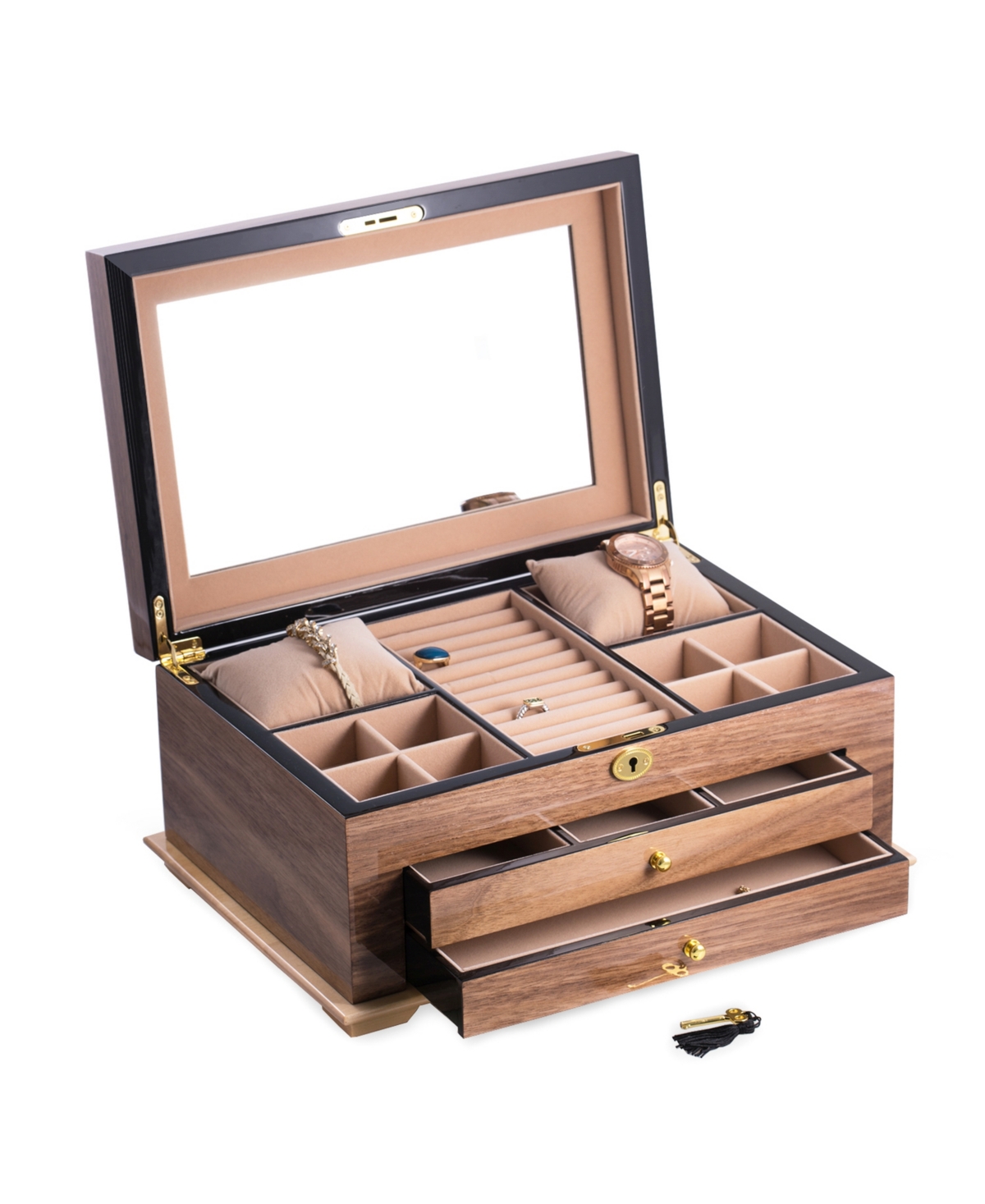 Walnut 3 Level Jewelry Box with Gold tone Accents and Locking Lid - Multi
