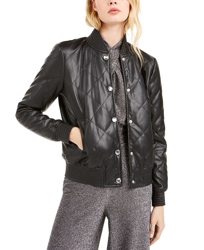 Michael Kors Faux-Leather Quilted Bomber Jacket & Reviews - Jackets ...