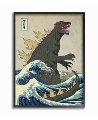 Godzilla in The Waves Eastern Poster Style Illustration Framed Giclee Texturized Art, 16" L x 20" H
