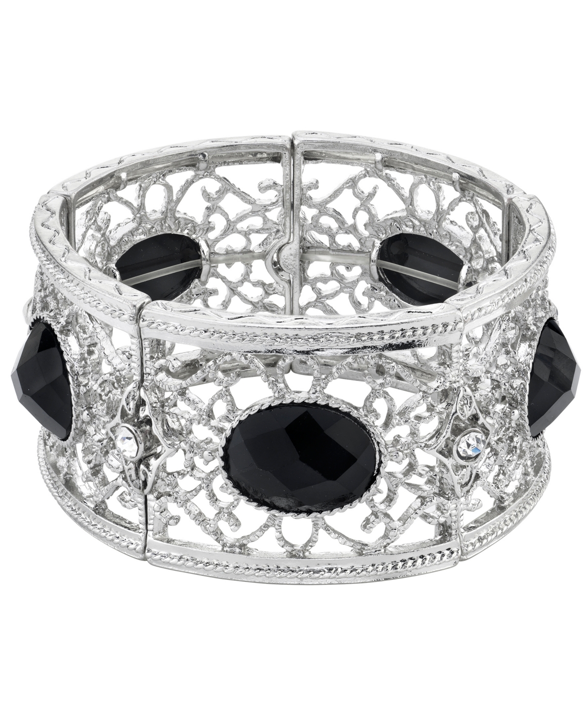 2028 Silver-tone Faceted Oval Stretch Bracelet In Black