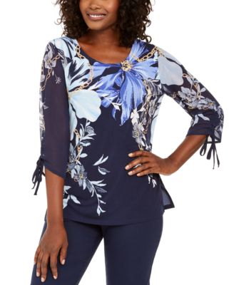 JM Collection - Sheer-Sleeve Printed Top, Created for Macy's