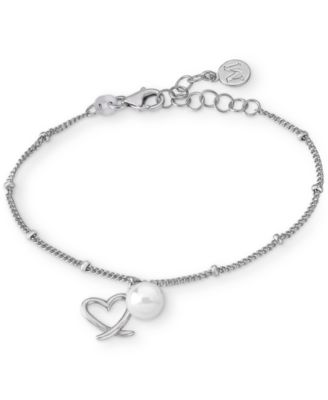 Majorica - Imitation Pearl (7mm) & Heart Charm Chain Bracelet in Sterling Silver
