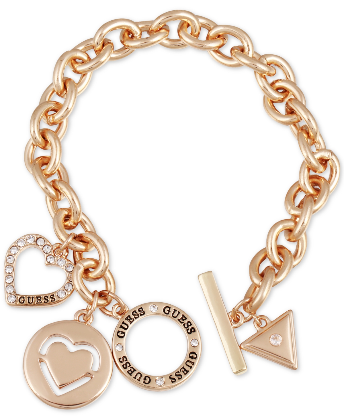 Guess Pave Heart & Logo Charm Link Bracelet In Gold